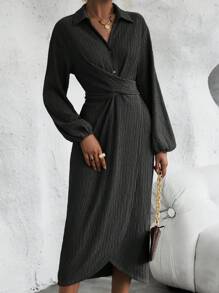 SHEIN Clasi Lantern Sleeve Wrap Hem Tie Back Dress - Black - View 7