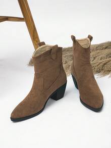 女款時尚短版西部尖頭棕色麂皮高跟靴粗跟 - 棕色 - 查看 4