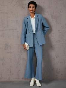 Aveloria Double Button Blazer & Flare Leg Pants Fall Cloth For Women - Baby Blue - View 2