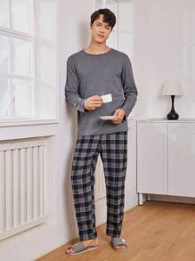 Men Plaid Print Pocket Patched PJ Set / Pajama Set - Dark Grey - View 3