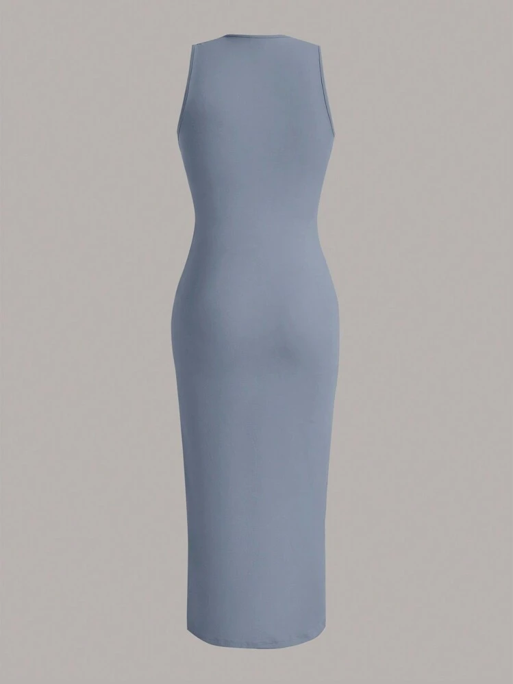 SHEIN Summer Outfits Solid Ruched Waist Tank Dress,M