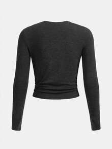 Tween Girl Solid Metal Patched Ruched Side Crop Tee - Dark Grey - View 2