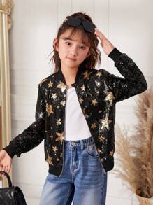 SHEIN Tween Girl Star Pattern Sequin Bomber Jacket - Multicolor - View 5