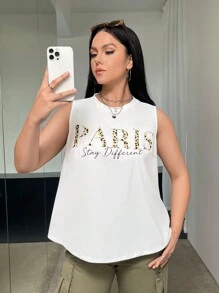 SHEIN Essnce Talla grande Top tank con estampado de letra - Blanco - Ver 1