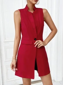 SHEIN Essnce 純色翻蓋細節無袖西裝外套 - 紅色 - 查看 5