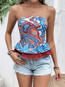 SHEIN VCAY Top bandeau con estampado geométrico bajo con fruncido - Multicolor - Ver 4
