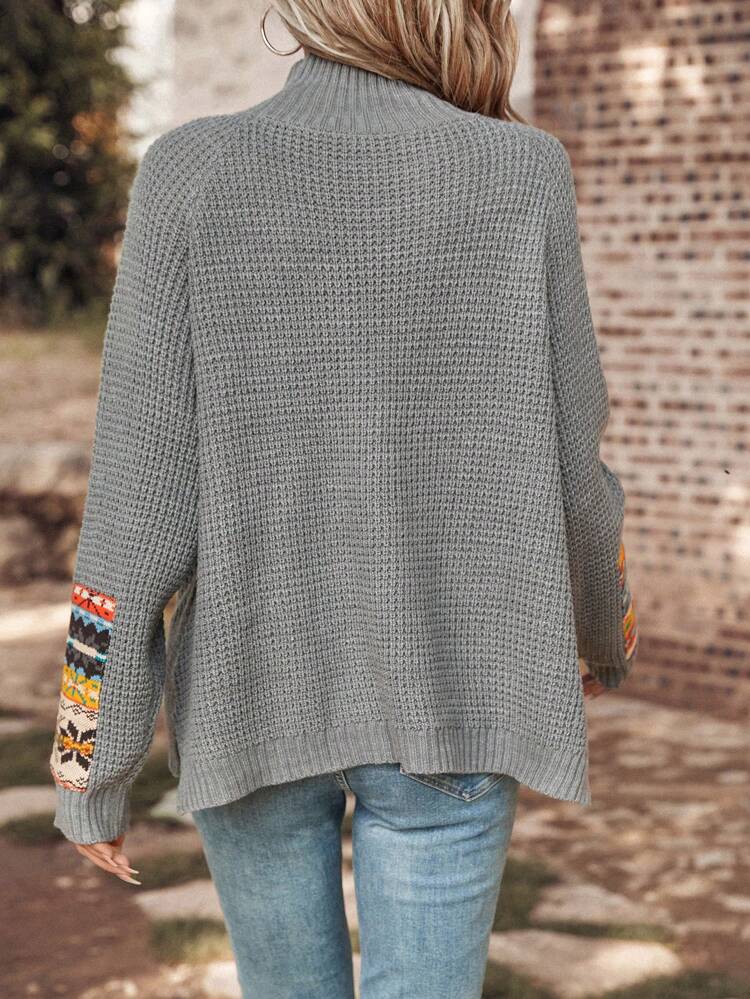 Geo Pattern High Neck Raglan Sleeve Sweater In Fall/Winter