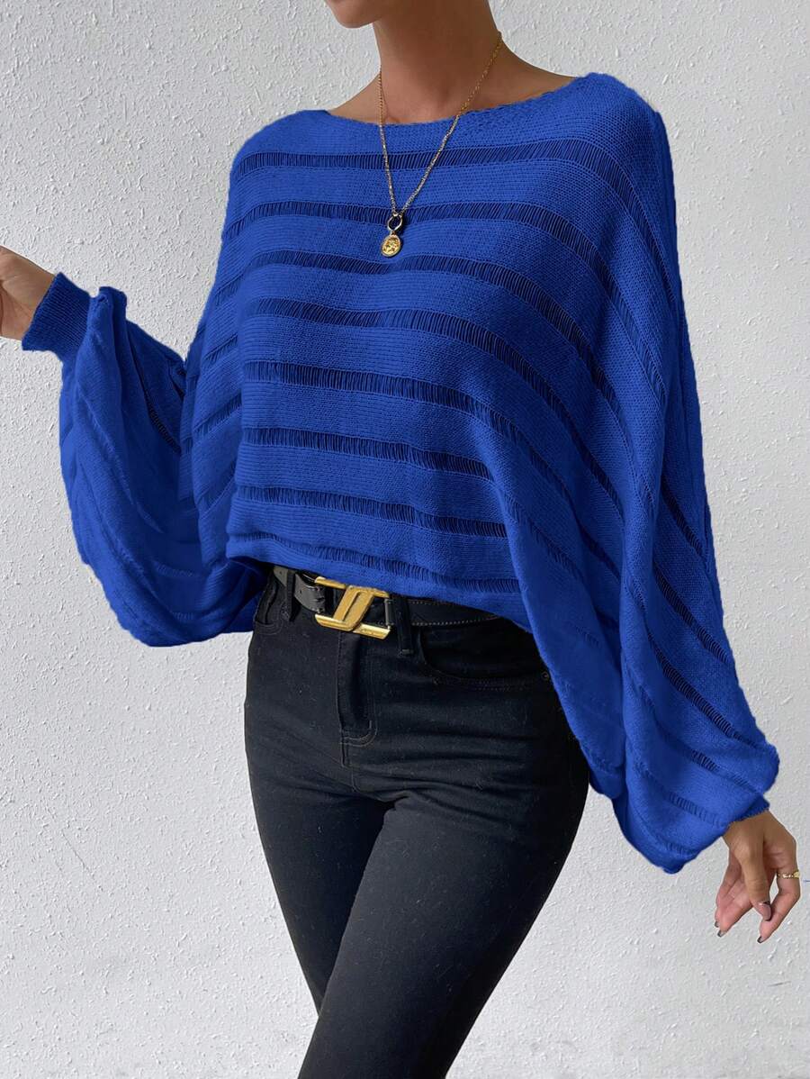 SHEIN LUNE Batwing Sleeve Knit Pullover Fall Winter Sweater - Blue - View 1