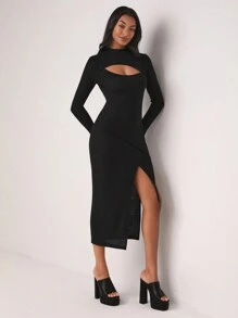 Tephy Designer Cut Out Front Split Thigh Elegant Dress, For Holiday, Vacation - Black - View 4