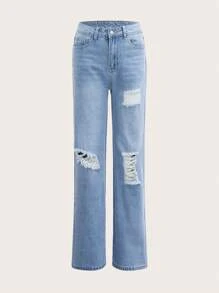 SHEIN Qutie Ripped Wide Leg Jeans - Light Wash - View 1