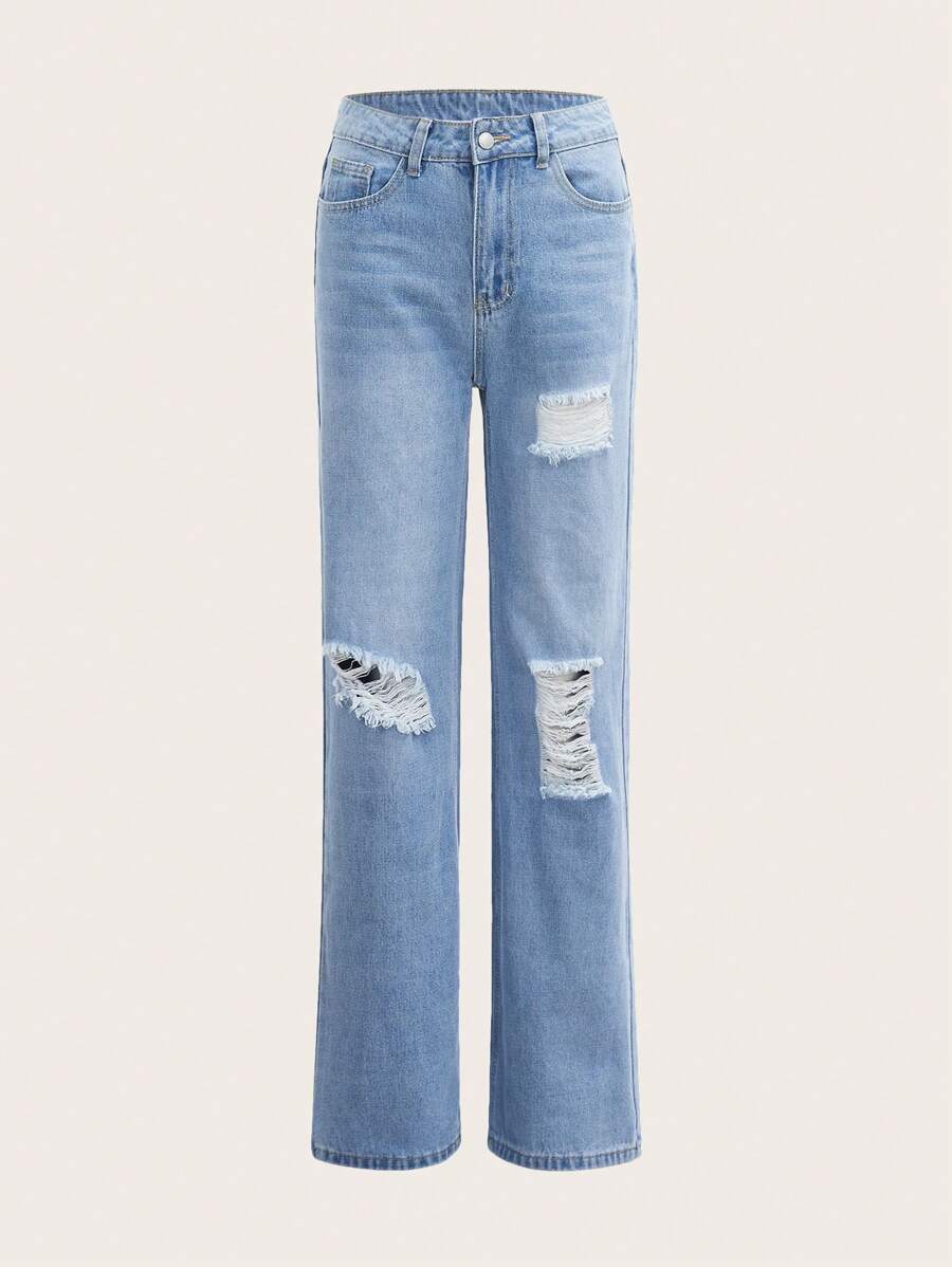 SHEIN Qutie Ripped Wide Leg Jeans - Light Wash - View 1
