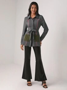 Lillian Butterworth Contrast Piping Pocket Patched Belted Coat