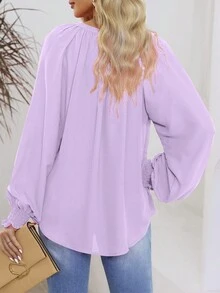 DOKOTOO Notched Neckline Lantern Sleeve Blouse - Mauve Purple - View 2