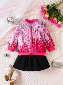 女嬰亮片效果飛行員夾克&半身裙 - 粉色 - 查看 3