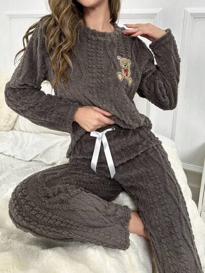 Bear Patched Flannel PJ Set Fluffy Pajama Cozy Elegante s, Fall Clothes view 3