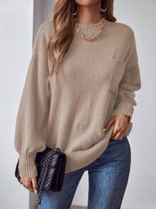 SHEIN LUNE 素色落肩袖口袋貼布套頭毛衣 - 卡其色 - 查看 1