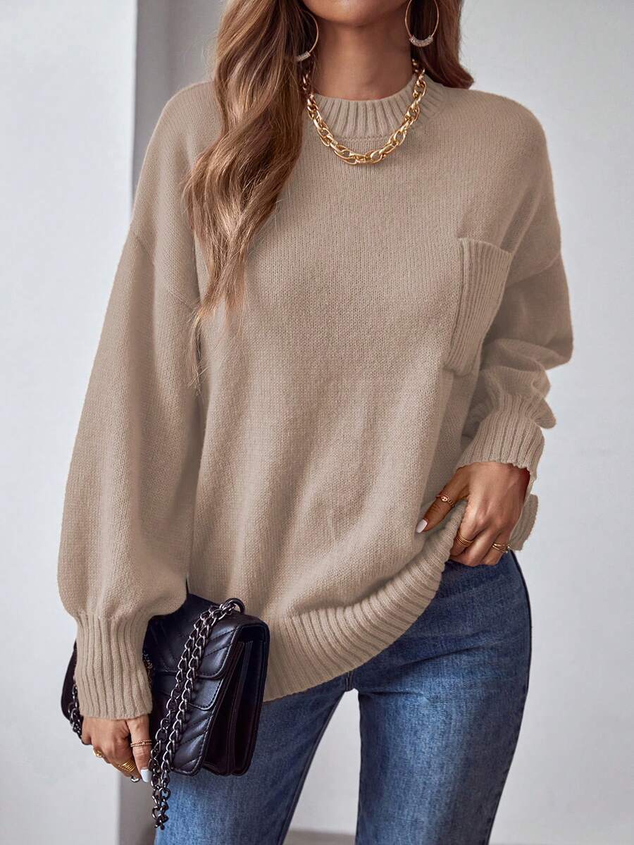SHEIN LUNE 素色落肩袖口袋貼布套頭毛衣 - 卡其色 - 查看 1