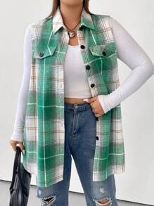 SHEIN LUNE Plus Plaid Print Flap Detail Vest Coat - Green - View 1