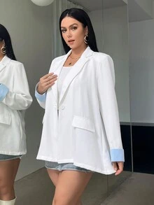 SHEIN Essnce 大碼西裝領翻蓋細節單釦西裝外套 - 白色 - 查看 3