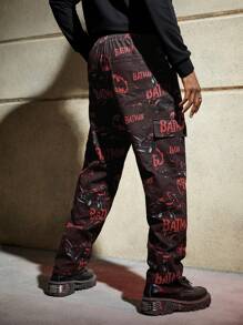 ROMWE MEN Batman X ROMWE Hombres Pantalones cargo con estampado de letra y dibujos animados de cintura con cordón - Multicolor - Ver 2