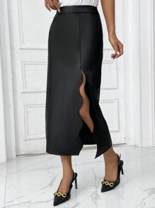 SHEIN Privé 高腰貝殼邊高衩PU皮革半身裙