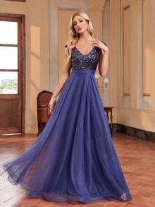 XUIBOL Robe de bal formelle avec tulle à paillettes contrastées, robe de soirée élégante pour femme, pour le bal de promo, le dîner, les cérémonies de remise de diplômes - Bleu marine - Voir 9