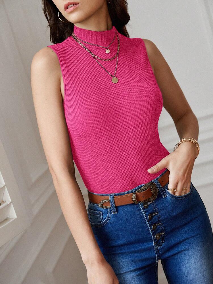 SHEIN Frenchy Bộ đồ liền thân dệt kim có gân cổ giả - Màu Hồng Tươi - Xem 1