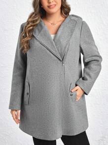 SHEIN LUNE Hơn áo có mũ Dây kéo Áo khoác - Xám - Xem 1