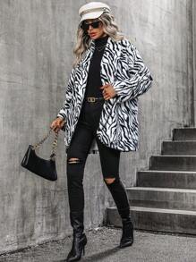 SHEIN Clasi Abrigo de rayas de cebra con parte delantera abierta de franela - Blanco - Ver 4