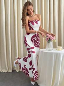 SHEIN Privé Floral Print Tube Dress - Multicolor - View 1