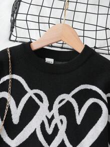 SHEIN 女大童心形圖案落肩毛衣 - 黑與白 - 查看 3