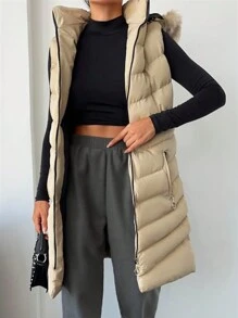 EURMUSE 1pc Drawstring Waist Fuzzy Trim Hooded Puffer Vest Coat - White - View 4