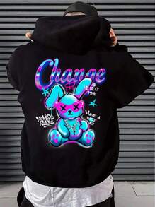 Manfinity Homme 男士卡通字母圖案連帽衫 - 黑色 - 查看 1