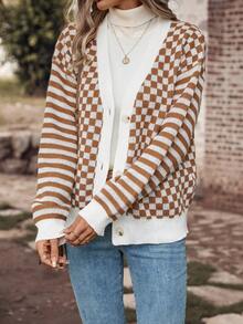 SHEIN LUNE Checkerboard Pattern Drop Shoulder Cardigan - Multicolor - View 6