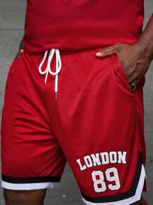 Manfinity VCAY Men Plus Letter Graphic Striped Trim Tank Top & Shorts - Red - View 3