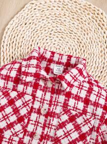 SHEIN Baby Girls Plaid Print Flap Pocket Overcoat & Skirt Without Sweater - Red - View 3