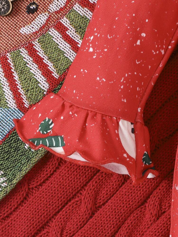 女嬰聖誕圖案荷葉邊喇叭袖連身褲和頭巾 - 彩色 - 查看 7