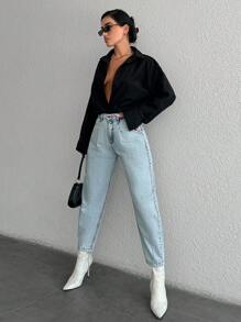 RueChic High Waist Mom Fit Jeans - Blue - View 4