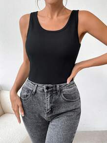 SHEIN LUNE Women's Solid Color Crew Neck Ribbed Casual Fleece Top - Black - View 4