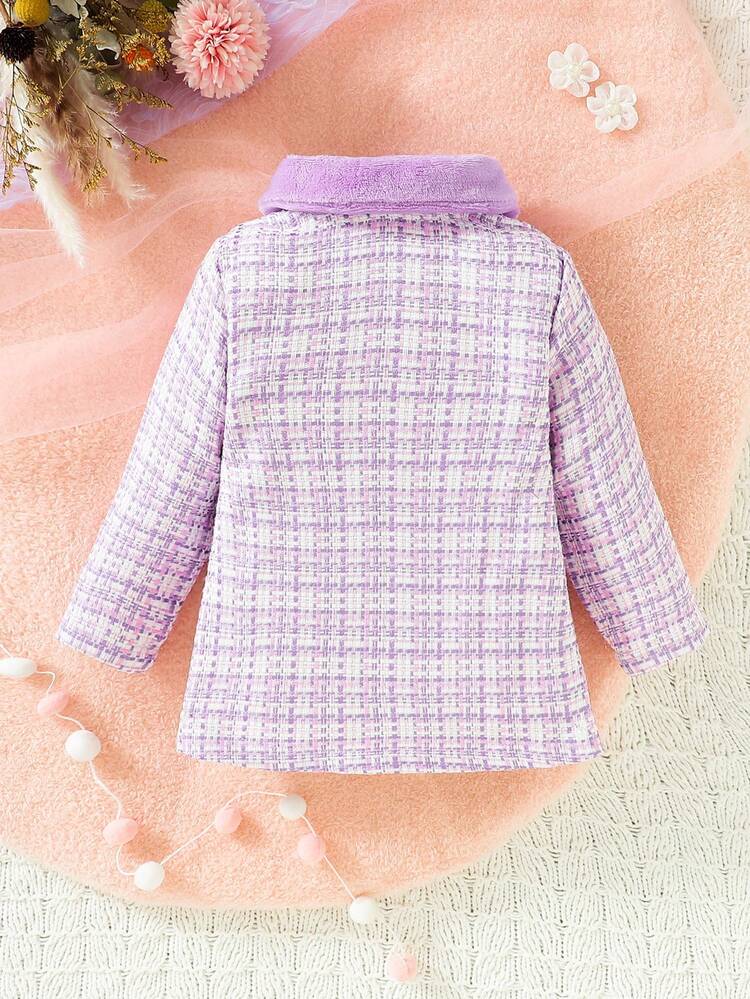 Baby Girl Plaid Pattern Borg Collar Bow Front Coat