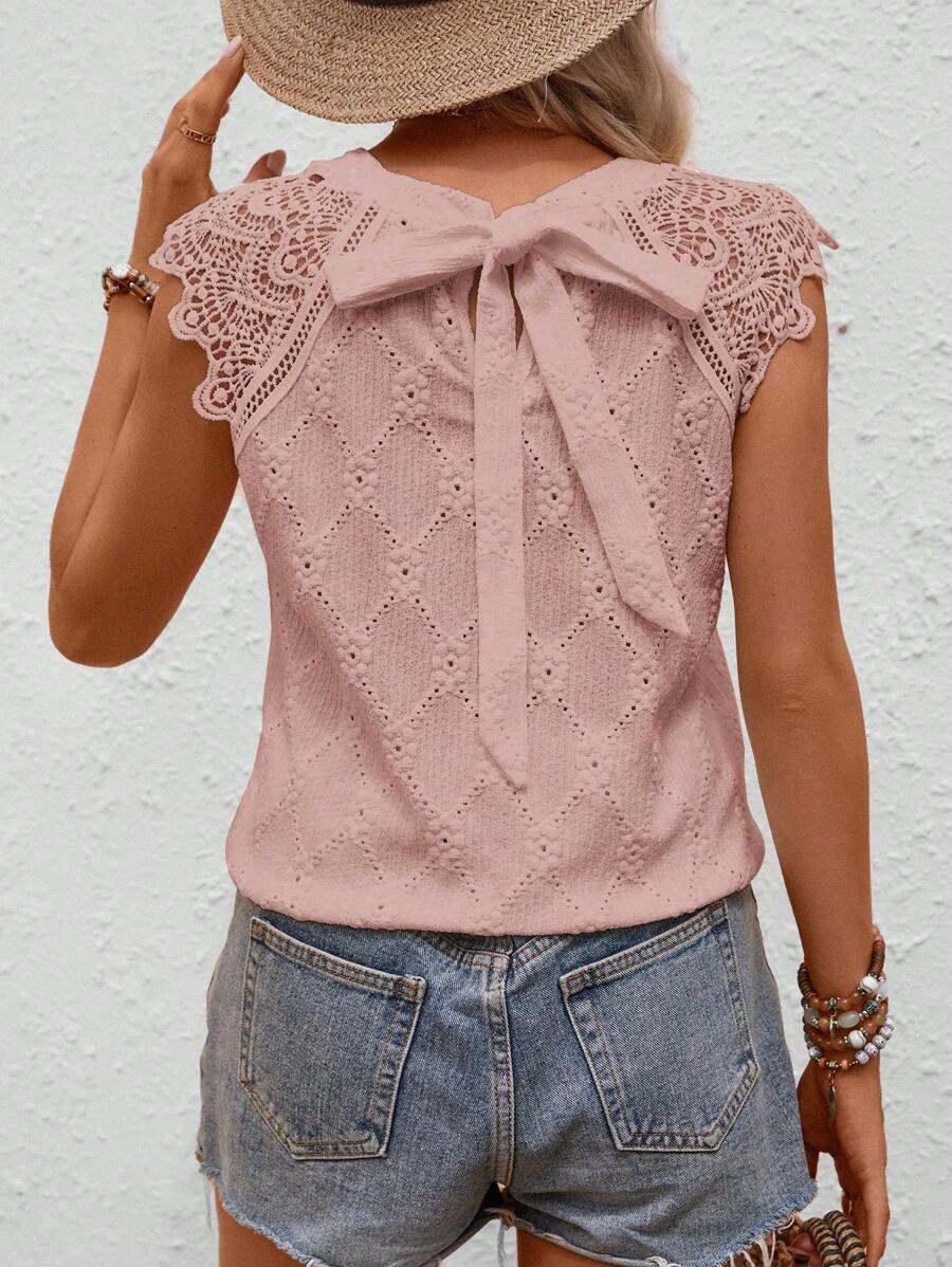 SHEIN LUNE 蕾絲拼接後綁帶插肩袖襯衫 - 藕粉色 - 查看 1
