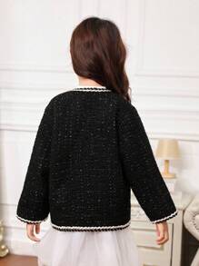 SHEIN Young Girl Floral Patched Contrast Binding Button Front Overcoat - Black - View 2