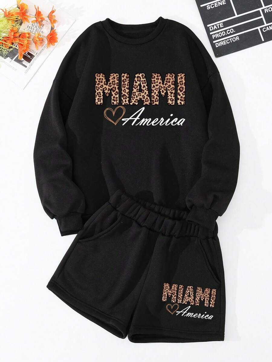 SHEIN EZwear 字母圖案加絨內裏運動衫和短褲