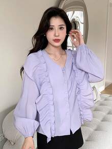 DAZY 純色荷葉邊鈕扣襯衫 - 紫色 - 查看 3