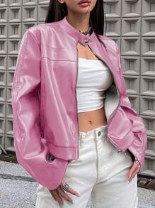 SHEIN Unity 拉鏈開襟PU皮革夾克 - 粉色 - 查看 1