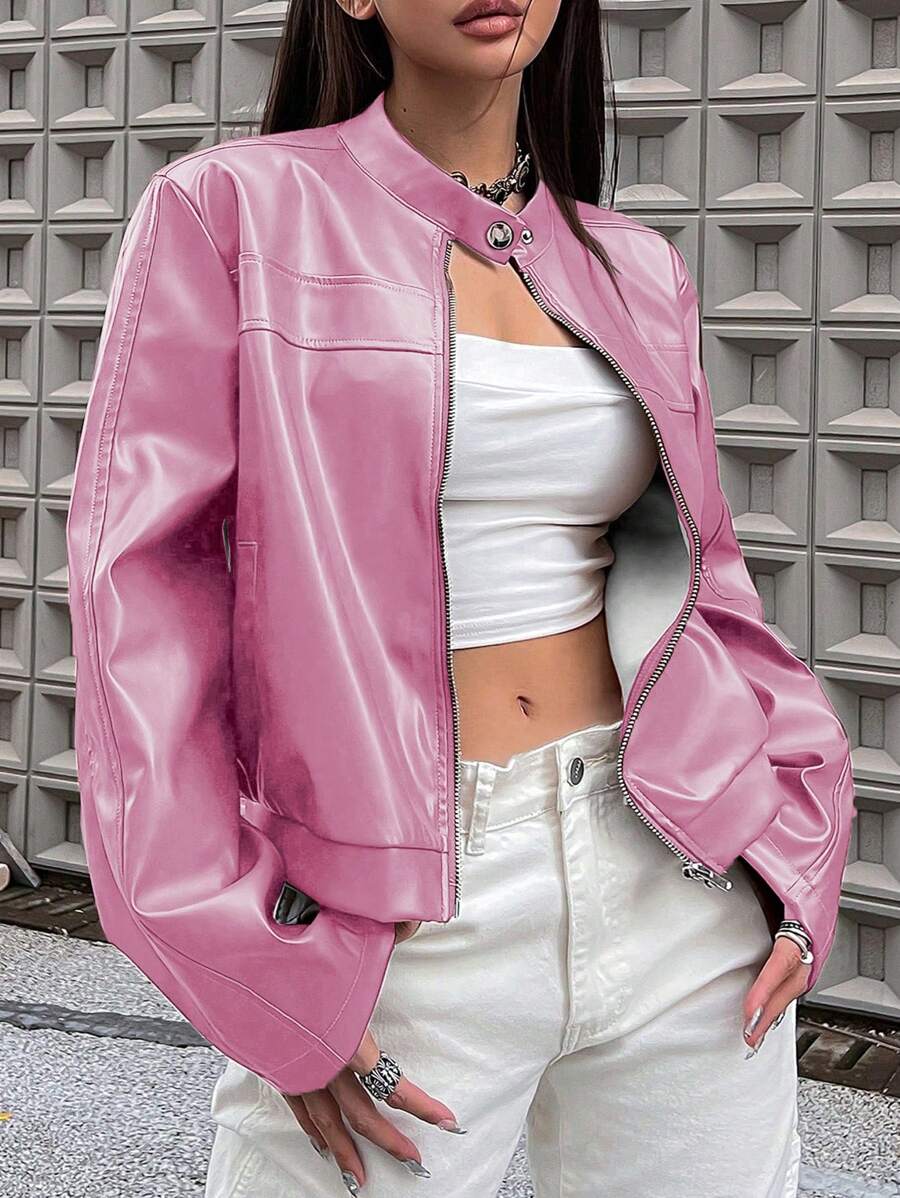 SHEIN Unity 拉鏈開襟PU皮革夾克 - 粉色 - 查看 1