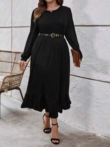 SHEIN LUNE Plus Solid Ruffle Hem Dress Without Belt - Black - View 6