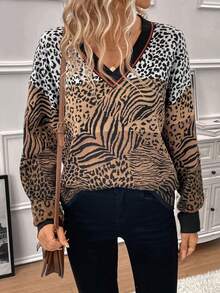 SHEIN Clasi Leopard Pattern Striped Trim Drop Shoulder Sweater - Multicolor - View 6