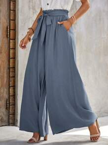 SHEIN LUNE Paperbag Waist Belted Wide Leg Pants - Dusty Blue - View 5
