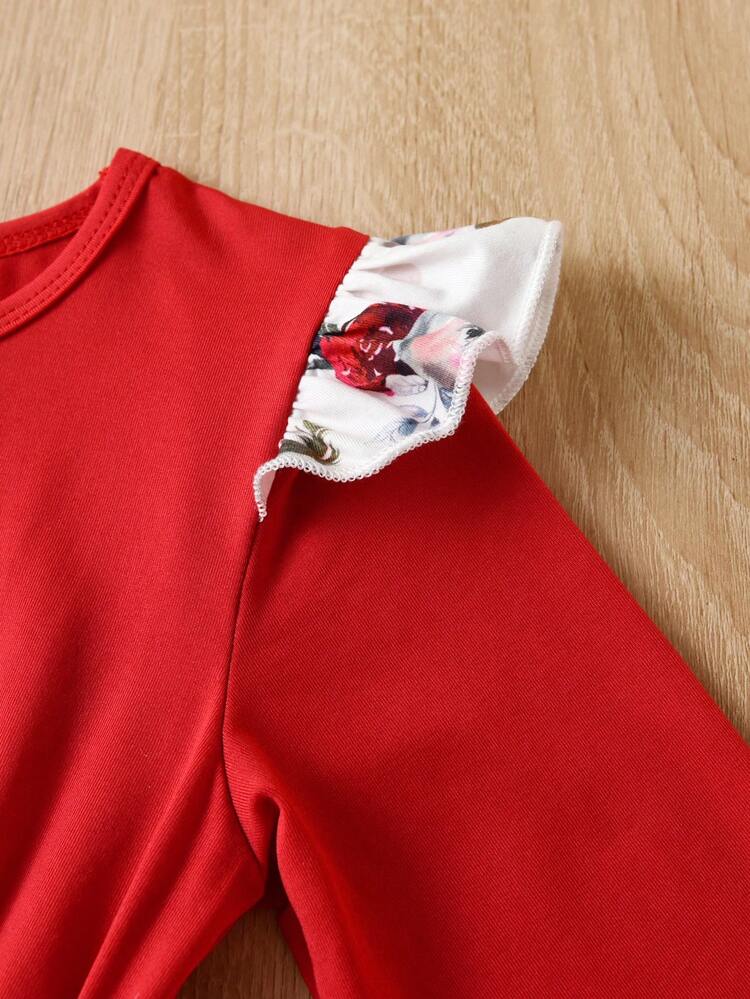 ヤングガール 花柄プリント フリルトリム 蝶々結びフロント ドレス & フレアレッグパンツ & ヘッドバンド